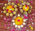 Gold Decorative Brass Diya Set With Floating Flowers And Candles