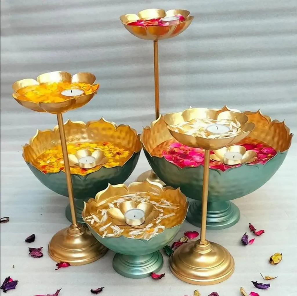Gold And Green Decorative Brass  &  Green Metal Tiered Bowl Stand Set With Floating Candles And Flower Petals