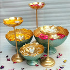 Gold And Green Decorative Brass  &  Green Metal Tiered Bowl Stand Set With Floating Candles And Flower Petals