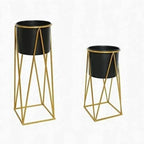 Black And Gold Modern Geometric Metal Plant Stand Set Withplanters