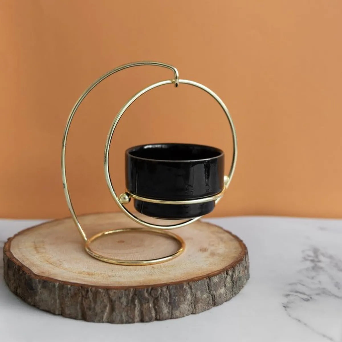 Gold And Black Metal Hanging Planter Stand Withceramic Pot
