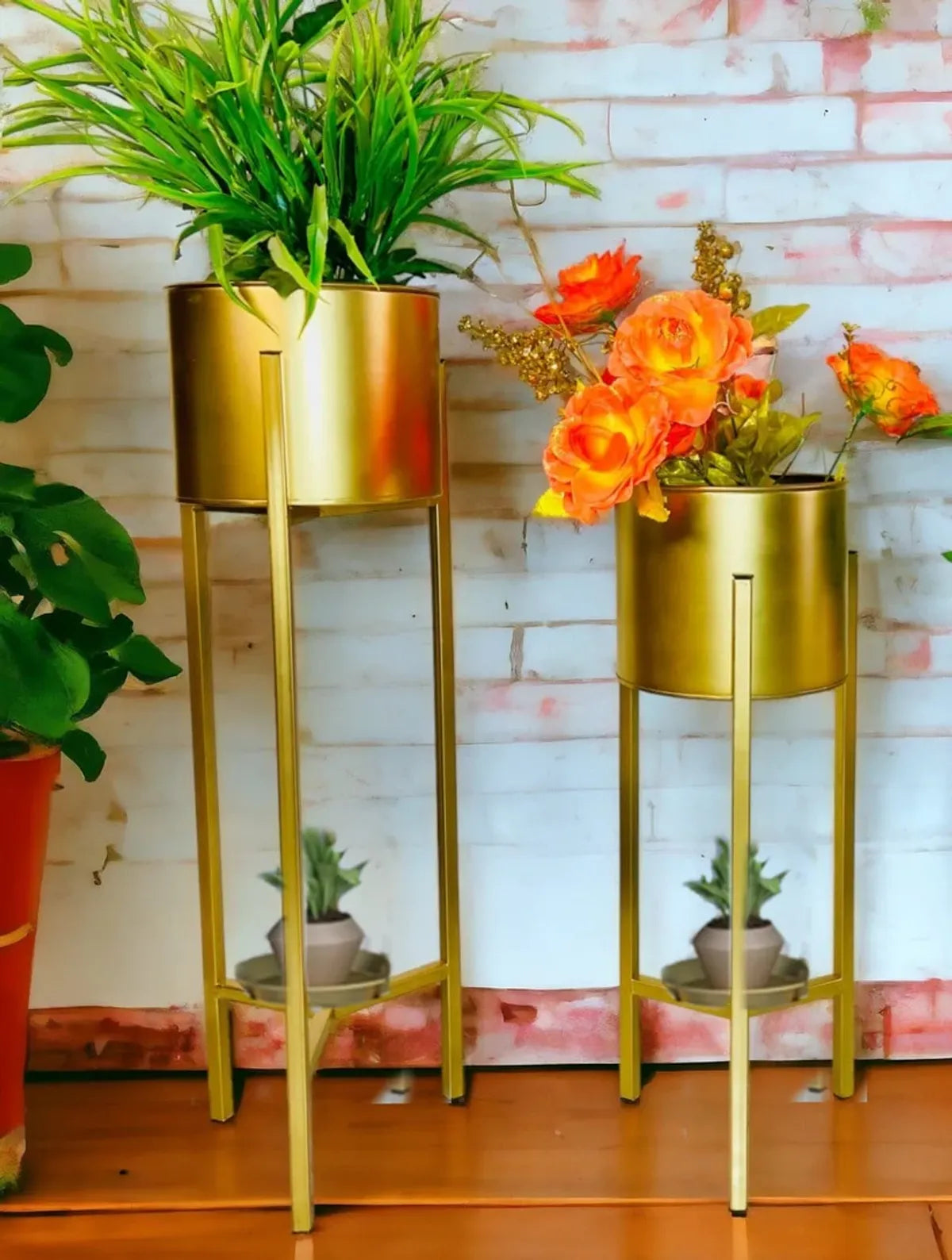 Banjara Decor Gold Moderntone Metal Plant Stand With Two Tiers