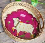 Gold Decorative Brass Tone Serving Tray Set With Cow And Lotus Motif