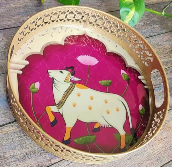 Gold Decorative Brass Tone Serving Tray Set With Cow And Lotus Motif