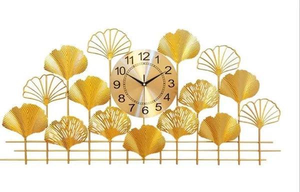 Gold Ginkgo Leaf Wall Clock With Decorative Metal Art