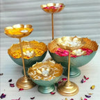Gold And Green Decorative Brass  &  Green Metal Tiered Bowl Stand Set With Floating Candles And Flower Petals