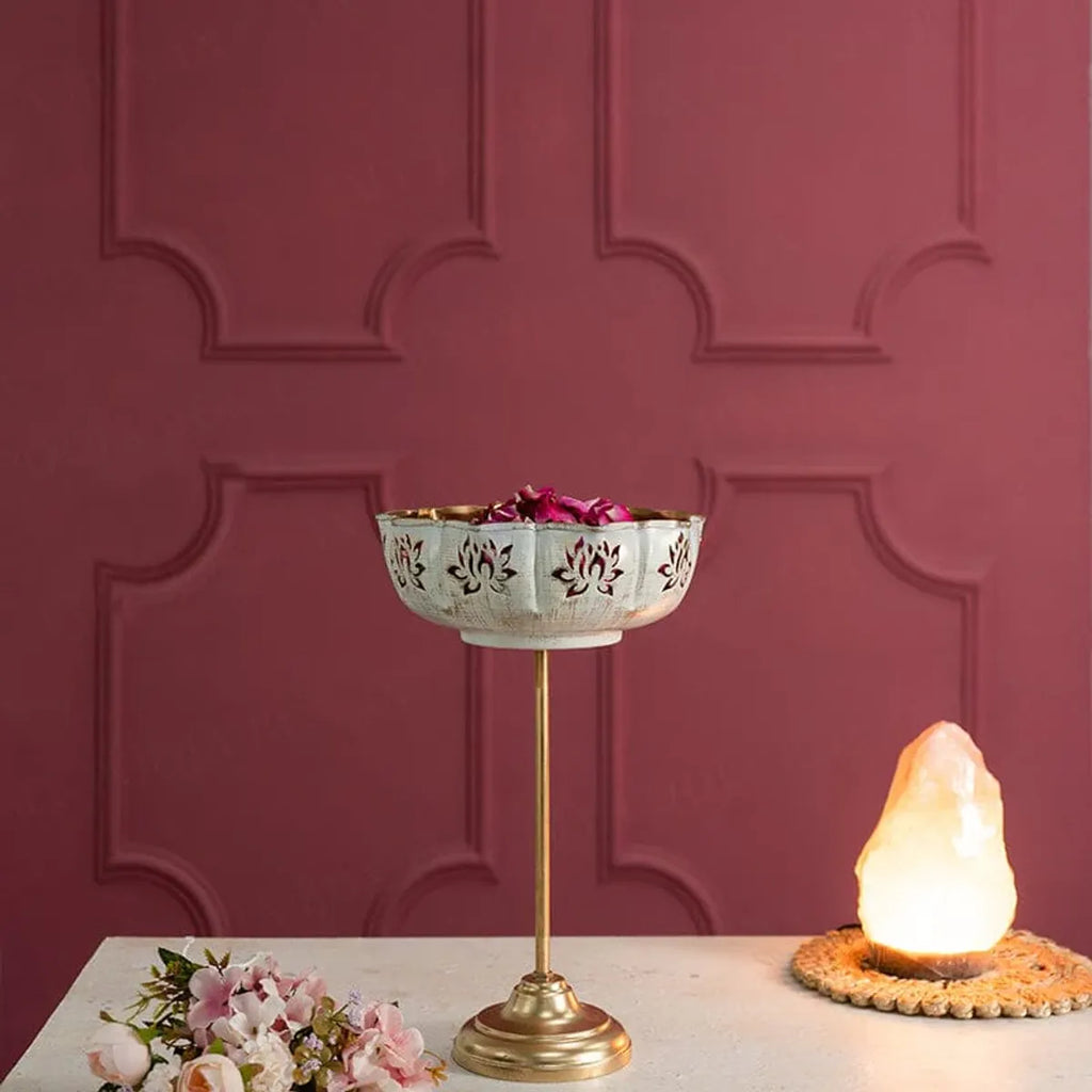 White And Gold Decorative Brass Stand Bowl Set With Floral Motif
