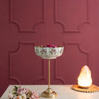 White And Gold Decorative Brass Stand Bowl Set With Floral Motif