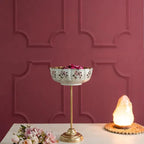 White And Gold Decorative Brass Stand Bowl Set With Floral Motif