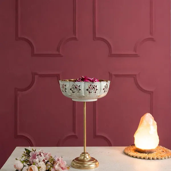 White And Gold Decorative Brass Stand Bowl Set With Floral Motif