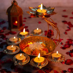 Gold Decorative Brass Diya Stand With Lotus Design 8 Tea Light Holders