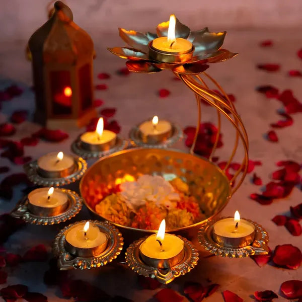 Gold Decorative Brass Diya Stand With Lotus Design 8 Tea Light Holders
