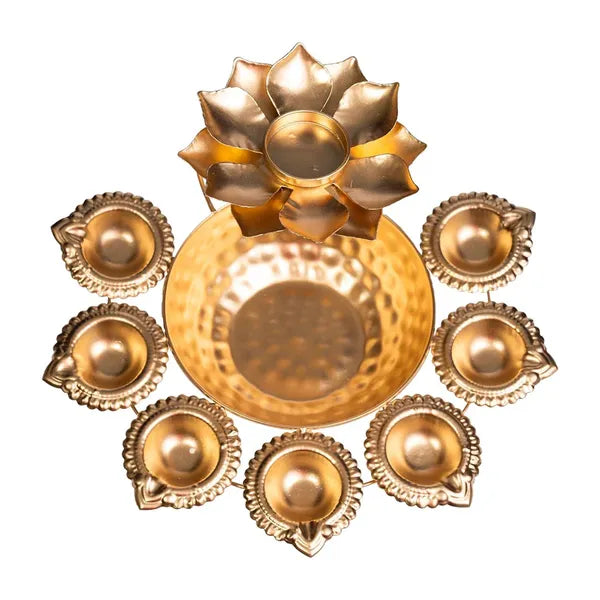 Gold Decorative Brass Diya Stand With Lotus Design 8 Tea Light Holders
