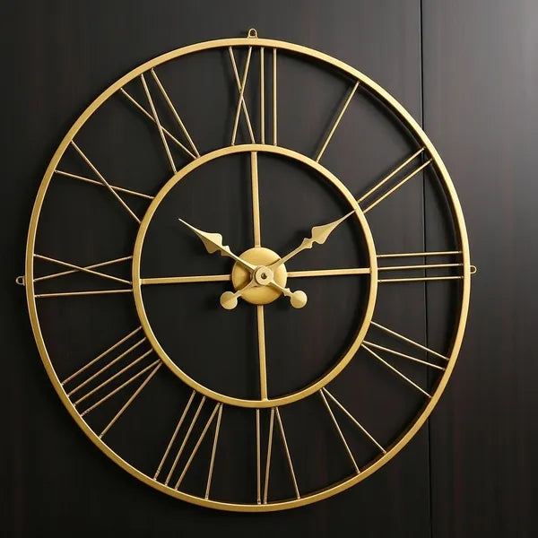 Antique Gold Metal Roman Numeral Wall Clock for Living Room, Large Vintage Round Decorative Wall Clock, Silent Non-Ticking Designer Clock for Home, Bedroom, Hall & Office Décor