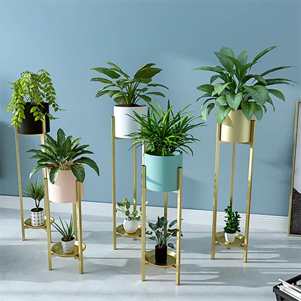 Gold And Green Metal Plant Stand Set With Two Tiersfinish
