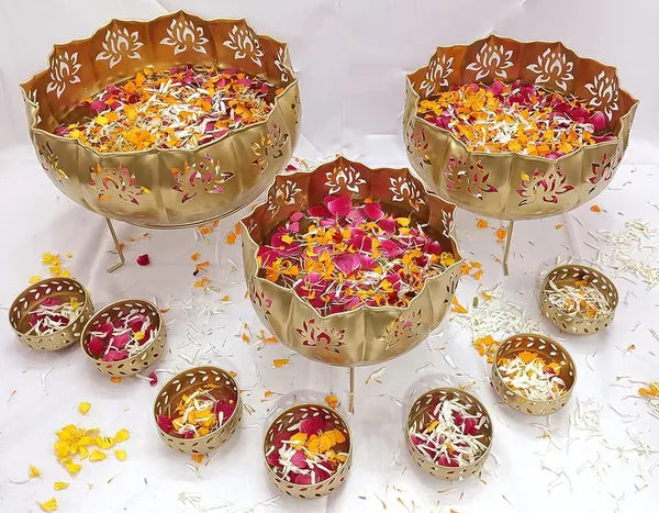 Gold And Black Brass Decorative Bowl Set With Laser Cut Floral Design And Large Bowls And 7 Small Bowls With Stands