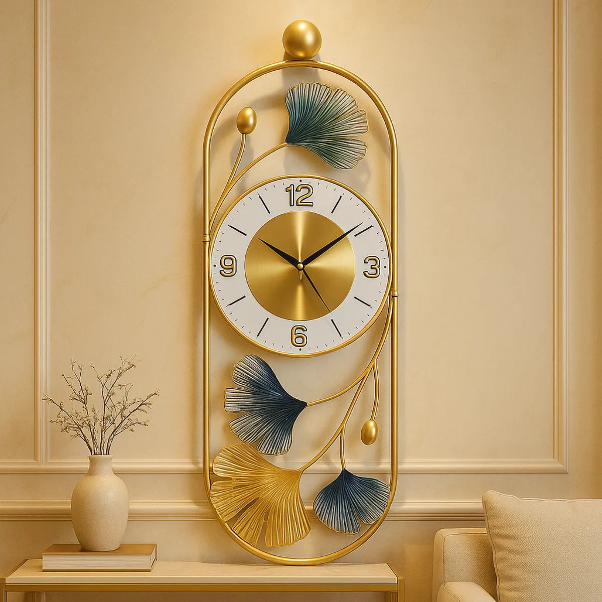 Gold And Silver Ginkgo Leaf Wall Clock With Decorative Metal Frame