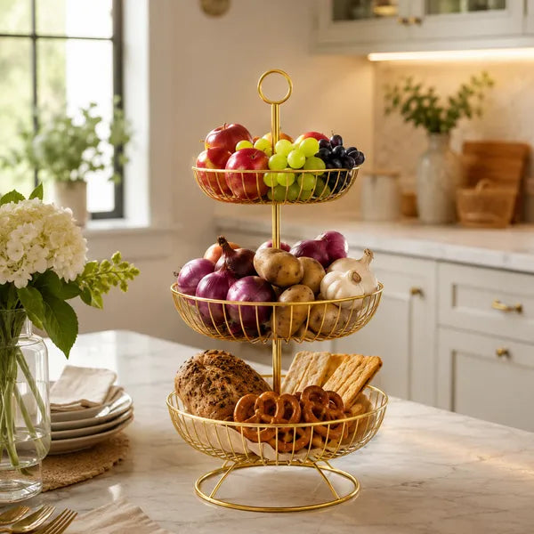 3 Tier Metal Fruit and Vegetable Basket for Kitchen, Gold Round Storage Basket Stand for Fruits, Vegetables, Snacks, Countertop Organizer for Dining Table & Home Décor