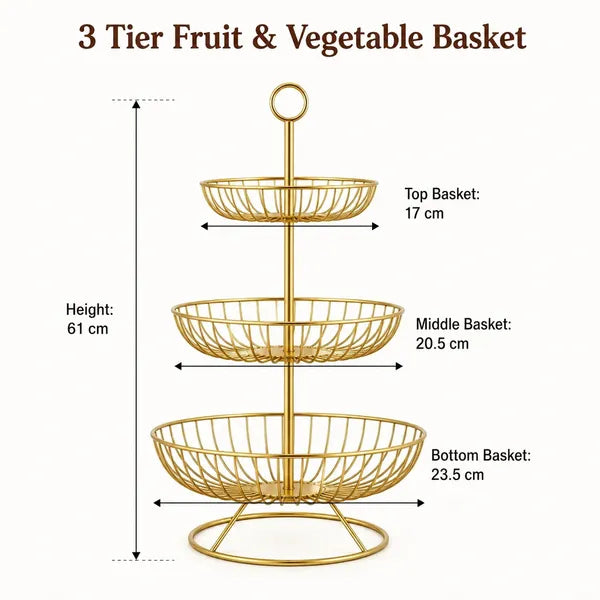 3 Tier Metal Fruit and Vegetable Basket for Kitchen, Gold Round Storage Basket Stand for Fruits, Vegetables, Snacks, Countertop Organizer for Dining Table & Home Décor