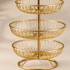 3 Tier Metal Fruit and Vegetable Basket for Kitchen, Gold Round Storage Basket Stand for Fruits, Vegetables, Snacks, Countertop Organizer for Dining Table & Home Décor