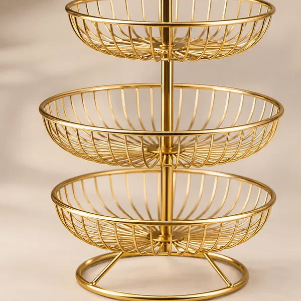 3 Tier Metal Fruit and Vegetable Basket for Kitchen, Gold Round Storage Basket Stand for Fruits, Vegetables, Snacks, Countertop Organizer for Dining Table & Home Décor