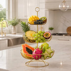 3 Tier Metal Fruit and Vegetable Basket for Kitchen, Gold Round Storage Basket Stand for Fruits, Vegetables, Snacks, Countertop Organizer for Dining Table & Home Décor