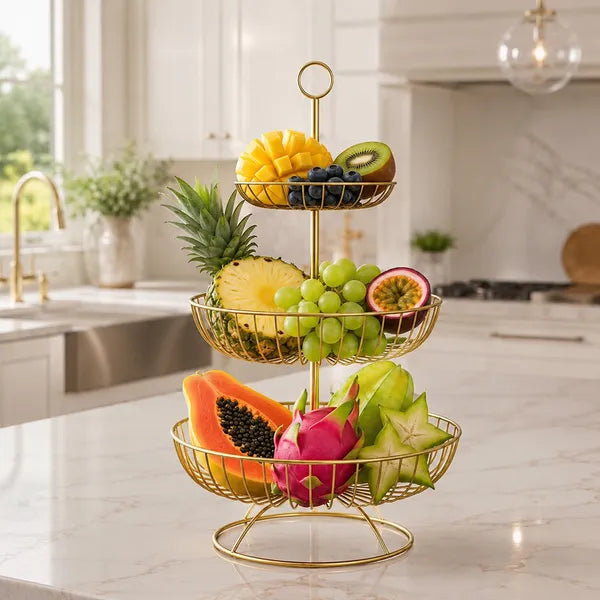 3 Tier Metal Fruit and Vegetable Basket for Kitchen, Gold Round Storage Basket Stand for Fruits, Vegetables, Snacks, Countertop Organizer for Dining Table & Home Décor