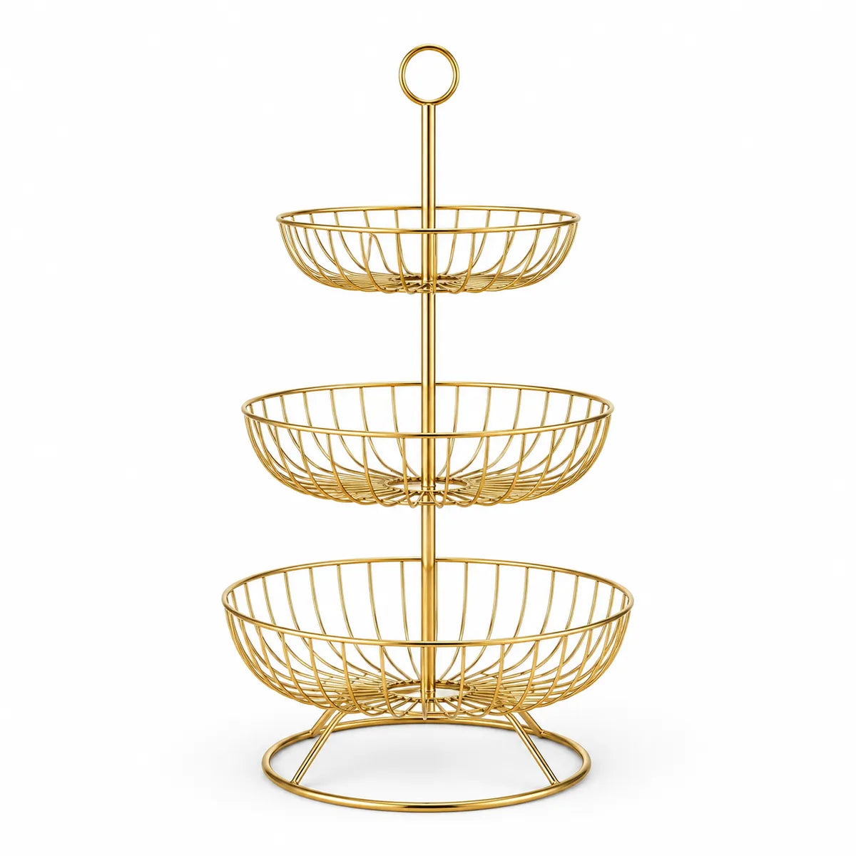 3 Tier Metal Fruit and Vegetable Basket for Kitchen, Gold Round Storage Basket Stand for Fruits, Vegetables, Snacks, Countertop Organizer for Dining Table & Home Décor