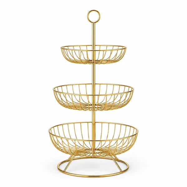 3 Tier Metal Fruit and Vegetable Basket for Kitchen, Gold Round Storage Basket Stand for Fruits, Vegetables, Snacks, Countertop Organizer for Dining Table & Home Décor