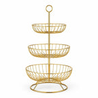 3 Tier Metal Fruit and Vegetable Basket for Kitchen, Gold Round Storage Basket Stand for Fruits, Vegetables, Snacks, Countertop Organizer for Dining Table & Home Décor
