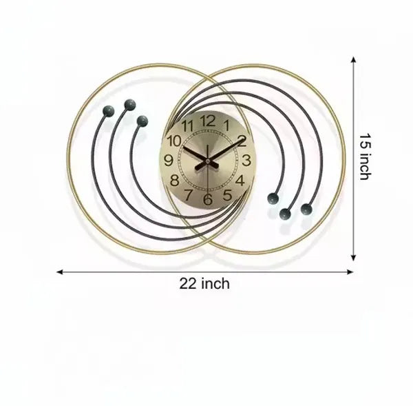 Gold And Brown Modern Decorative Wall Clock With D Metal Rings And Wooden Ball Accents