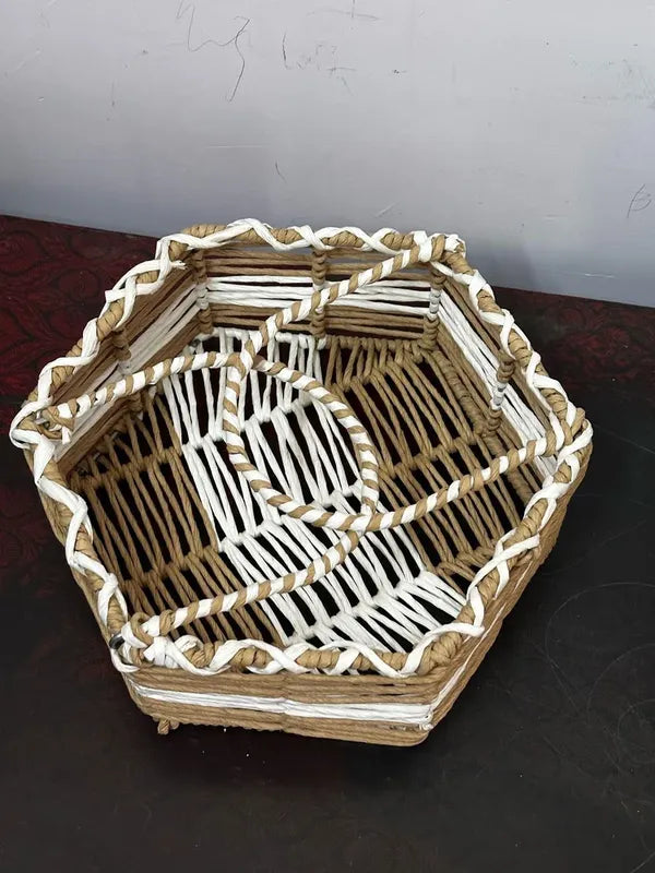 Natural And White Handwoven Hexagonal Basket With Twisted Handle Natural Andtwo Tone