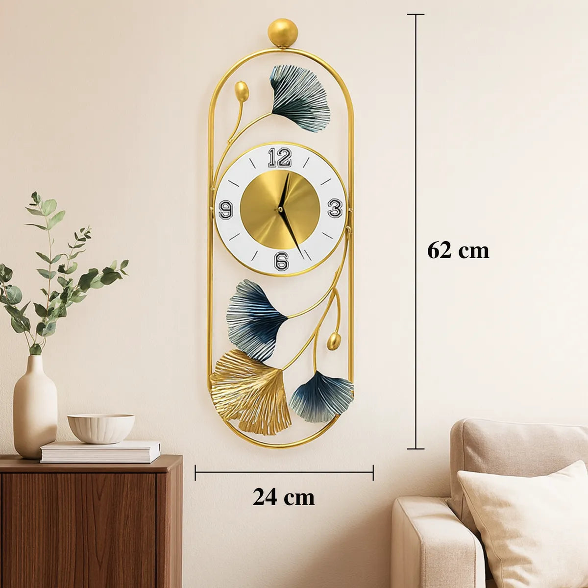 Gold And Silver Ginkgo Leaf Wall Clock With Decorative Metal Frame