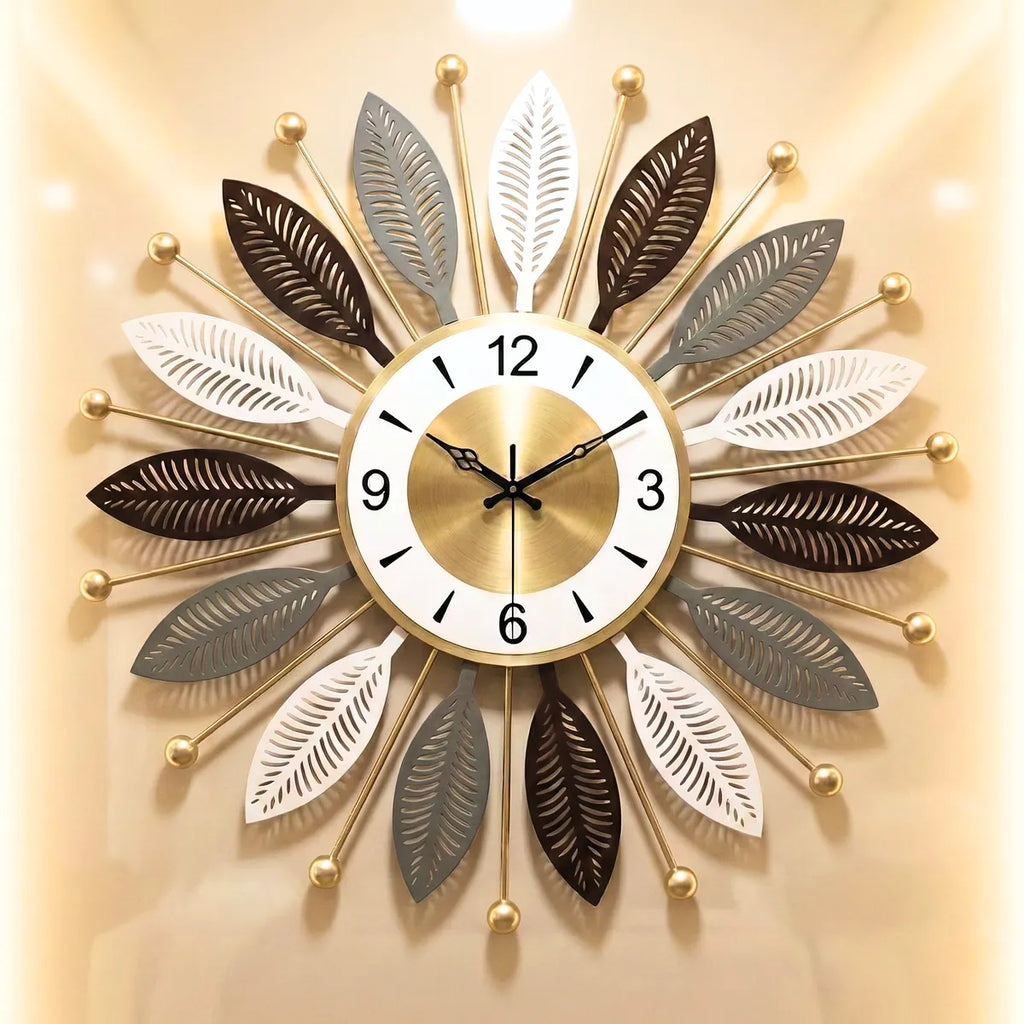 Decorative Sunburst Wall Clock With Multi Tone Leaf Design 60cm