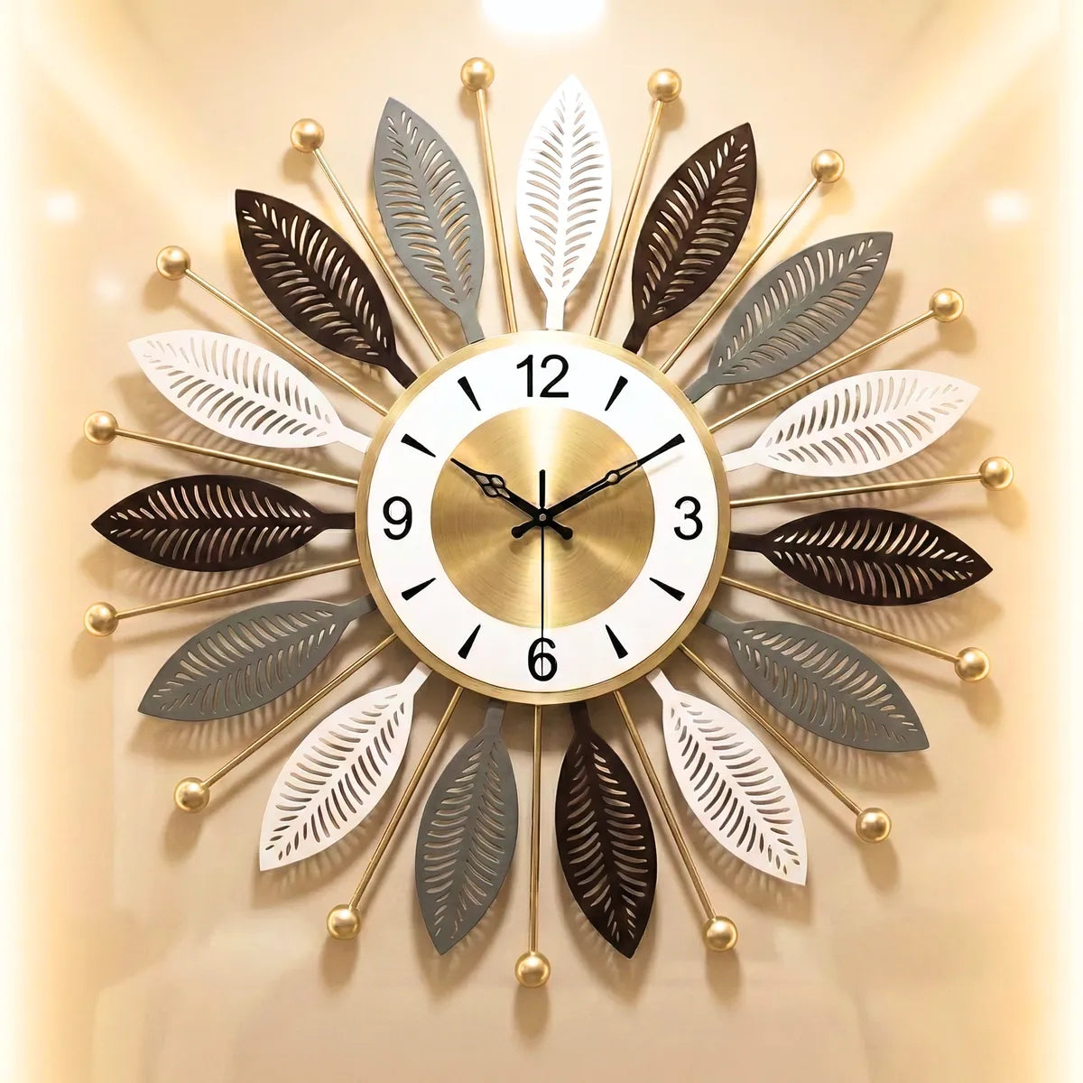 Decorative Sunburst Wall Clock With Multi Tone Leaf Design 60cm