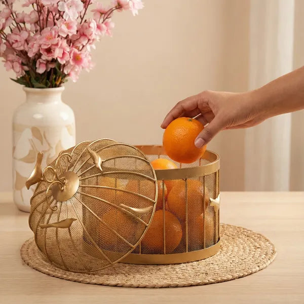 Gold Decorative Birdcage Fruit Basket With Mesh Domefinish
