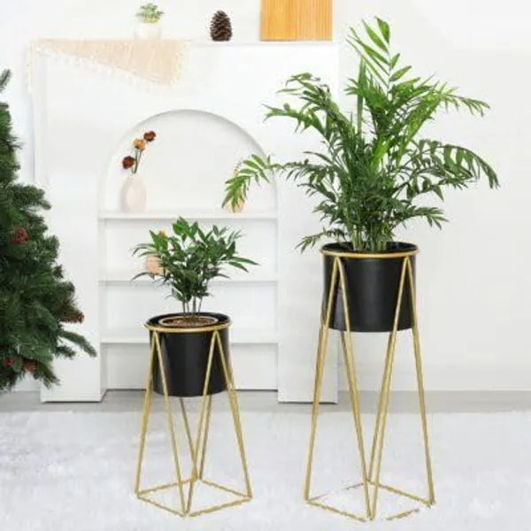 Black And Gold Modern Geometric Metal Plant Stand Set Withplanters