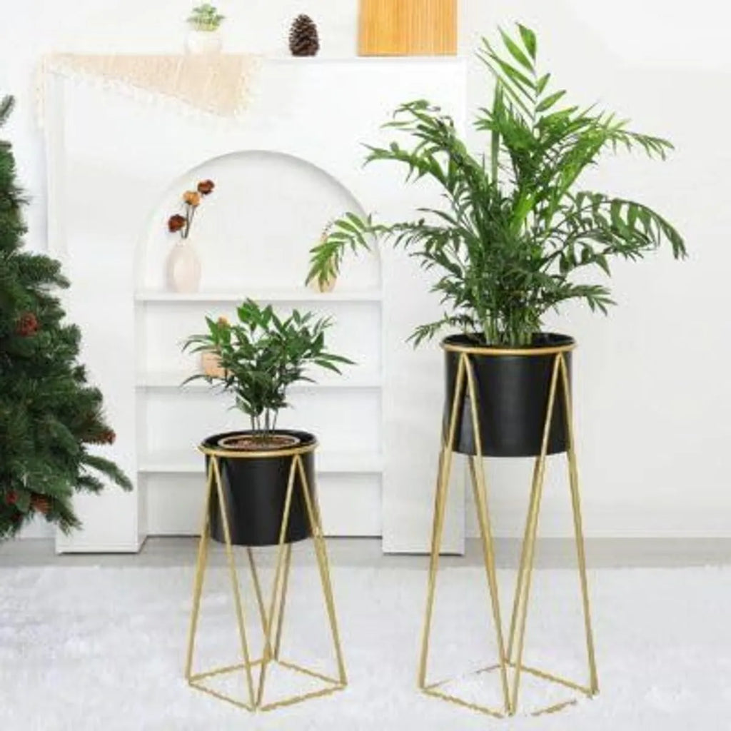 Black And Gold Modern Geometric Metal Plant Stand Set Withplanters