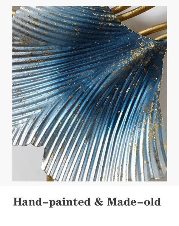 Blue And Gold Hand Painted & Ginkgo Leaf Metal Wall Art Decor