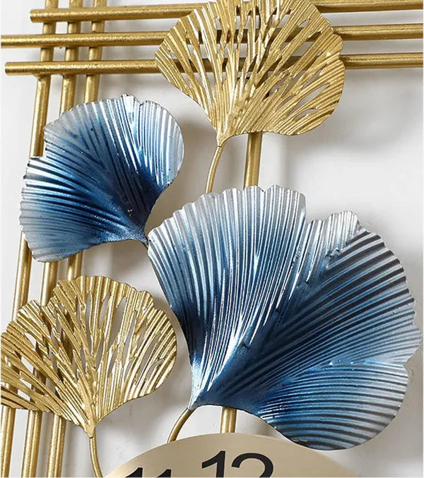 Gold Decorative Metal Wall Clock Withginkgo Leaf Design