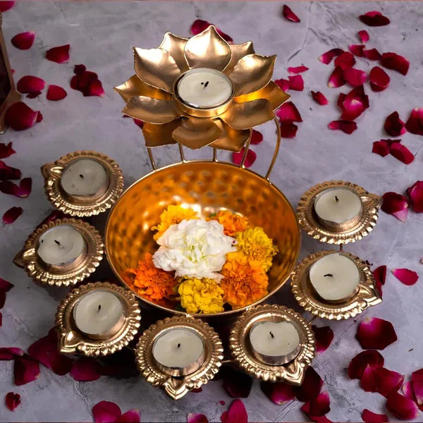 Gold Decorative Brass Diya Stand With Lotus Design 8 Tea Light Holders