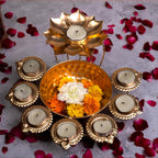 Gold Decorative Brass Diya Stand With Lotus Design 8 Tea Light Holders