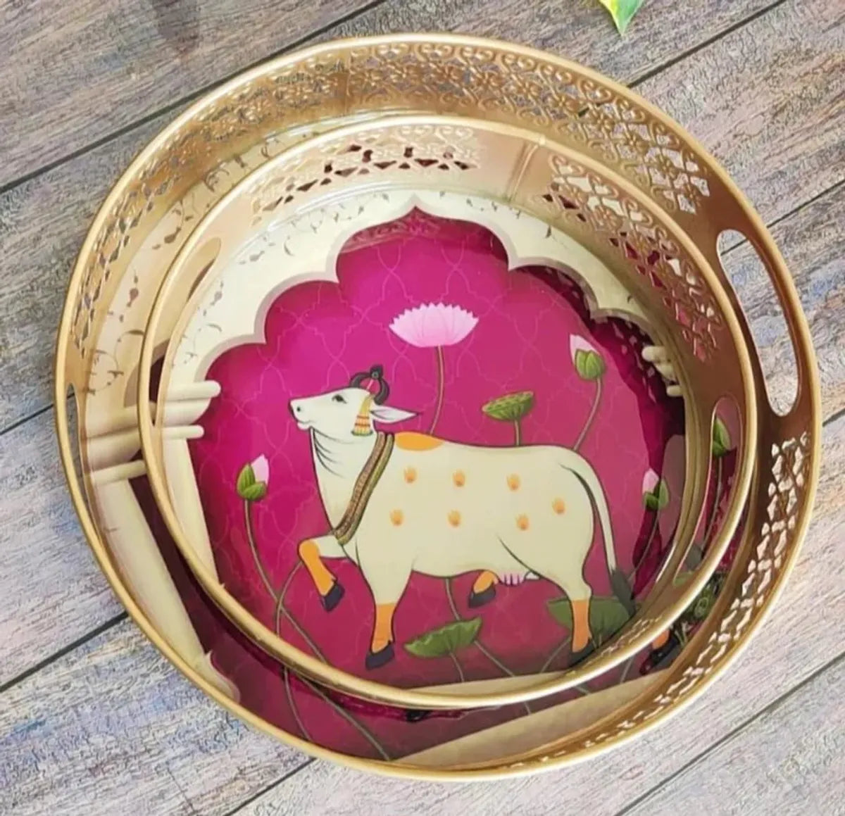 Gold Decorative Brass Tone Serving Tray Set With Cow And Lotus Motif