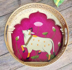 Gold Decorative Brass Tone Serving Tray Set With Cow And Lotus Motif