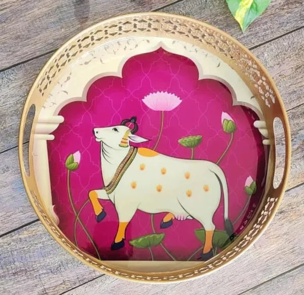 Gold Decorative Brass Tone Serving Tray Set With Cow And Lotus Motif