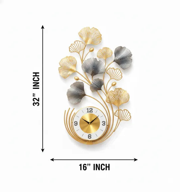 Gold And Silver Decorative Ginkgo Leaf Wall Clock & Silver Metal Art Design