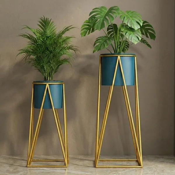 Banjara Decor Gold And Green Modern Minimalist Metal Plant Stand With Ceramic Pot