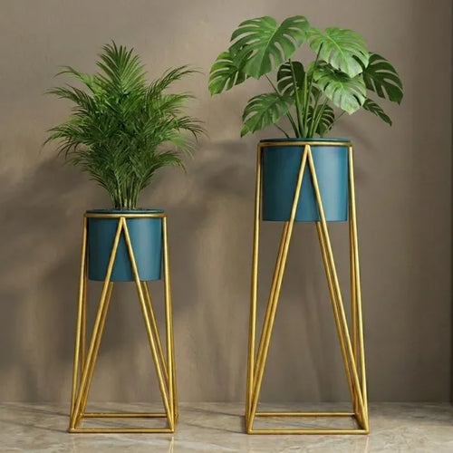 Banjara Decor Gold And Green Modern Minimalist Metal Plant Stand With Ceramic Pot