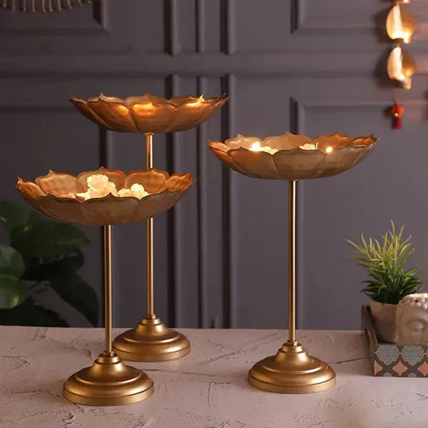 Gold Decorative Lotus Metal Diya Stand Set Traditional Pooja Candle Holders