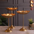Gold Decorative Lotus Metal Diya Stand Set Traditional Pooja Candle Holders